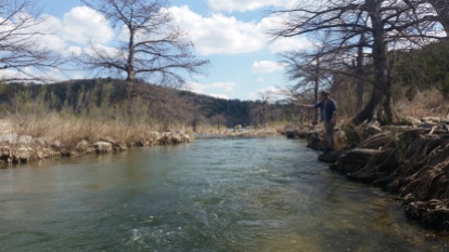 While I caught up with my dearest friend Nancy and her pup (Candy) at Pedernales Falls State Park, Caleb decided to fish.